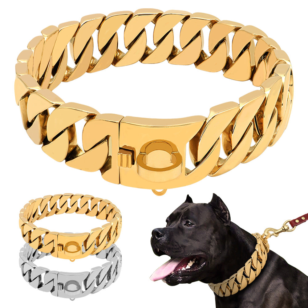 32mm Stainless Steel Dog Chain Collar – Gold Metal Necklace for Large Dogs