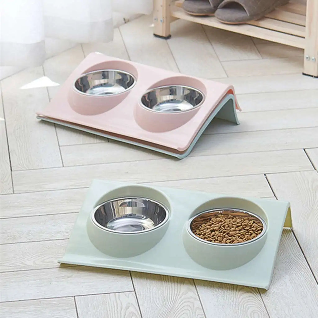 Stainless Steel Double Pet Bowl – Travel Food & Water Feeder for Dogs & Cats